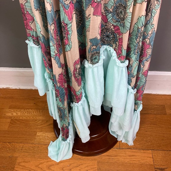 CHIO Maxi Skirt Size XS Sheer Ruffle Hem Boho Floral Blue Tan Italian Romantic - Picture 8 of 16